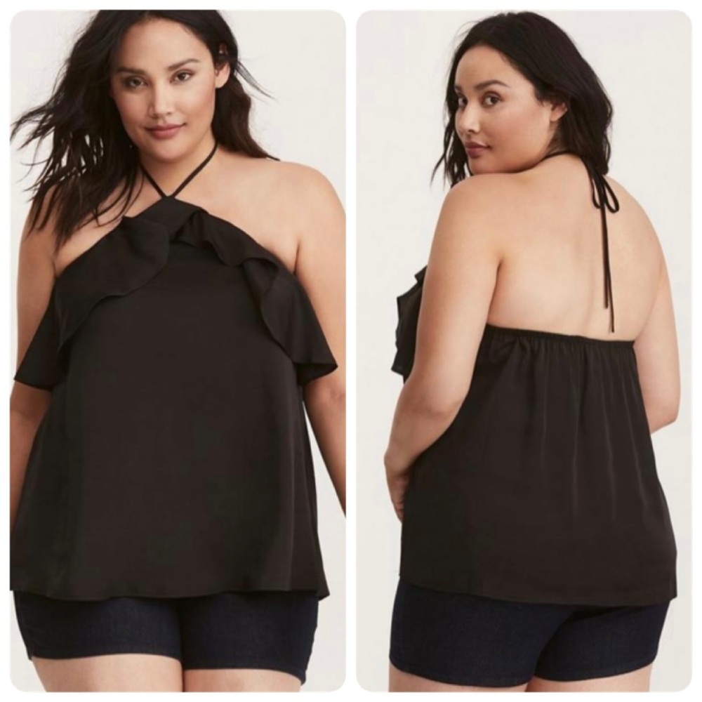 Torrid Ruffled Tie Neck Halter Top Deep Black Size 0/0X‎ #10899677